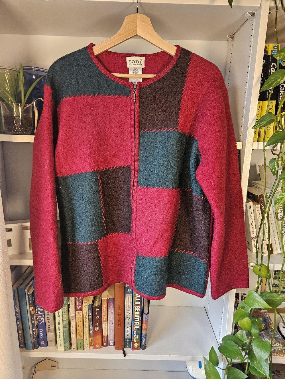 Vintage Tabi Wool Patchwork Zip Front Sweater Red Green Large Christmas Winter